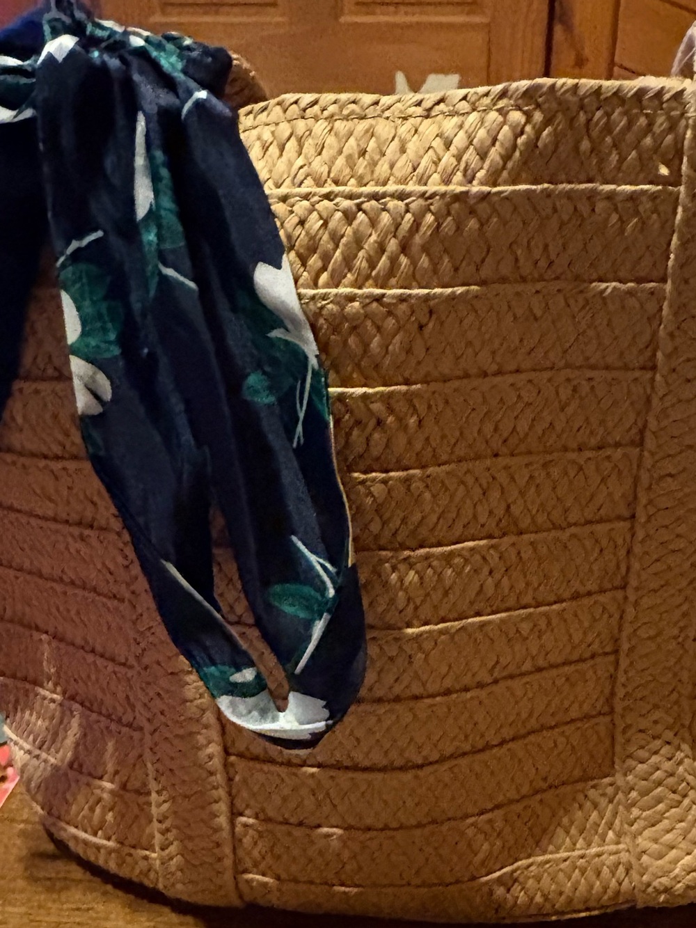 Draper James Tan Woven Shoulder Bag with Navy Floral Scarf
